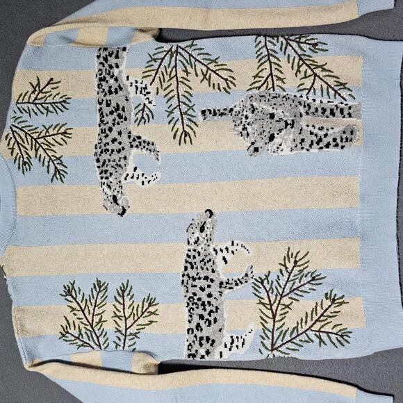 MAVRANS Men's Sweater RARE M Blue Beige Striped Leopard Print Knit Pullover Cat - Picture 14 of 14